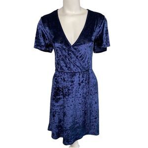 LA Hearts Blue Crushed Velvet V Neck Surplice Mini Dress‎ Sz Large